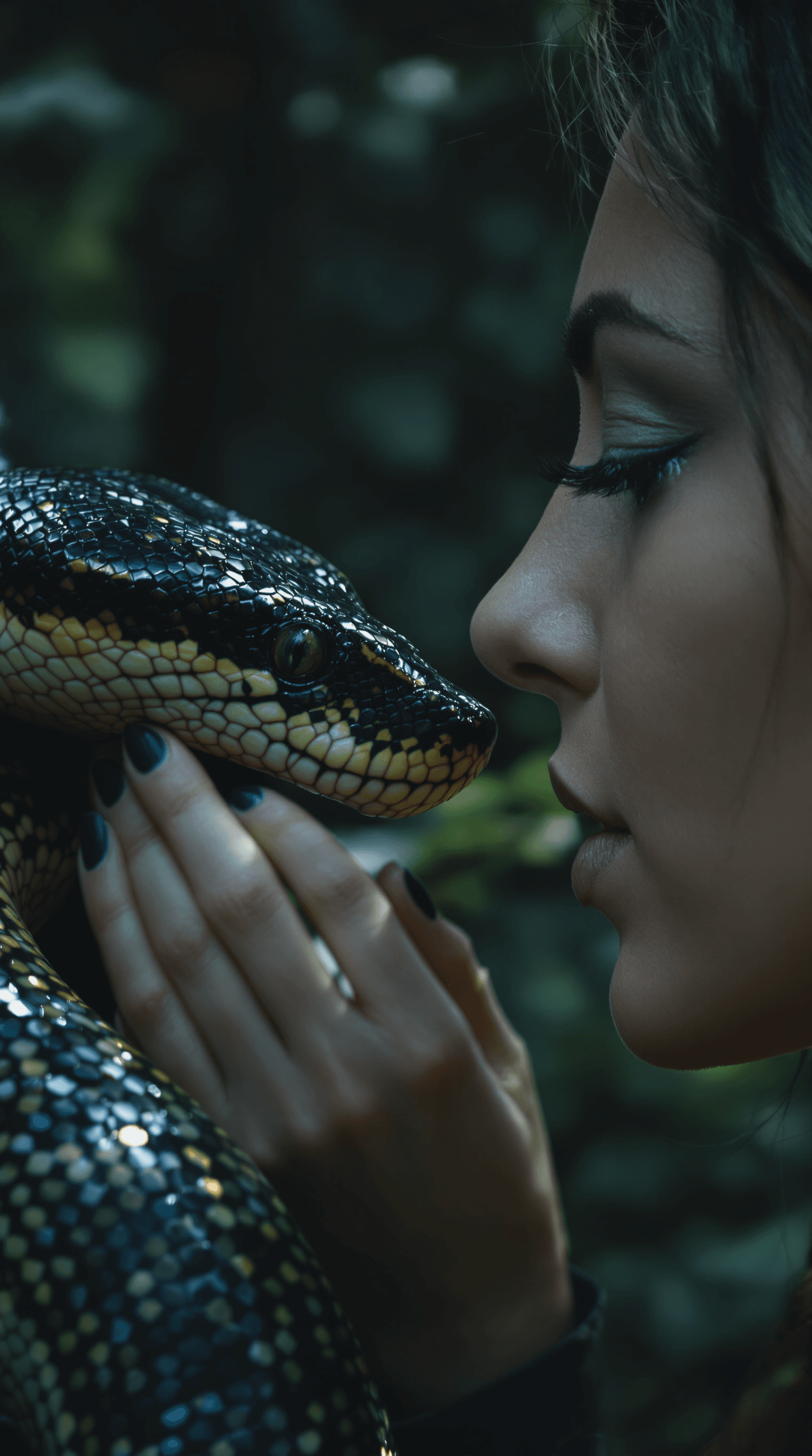 AI generated: BACKVIEW AN CINEMATIC EXTREME CLOSEUP SHOT OF A WOMAN AND HER MAJESTIC PET PYTHON
FACING EACH OTHER...
