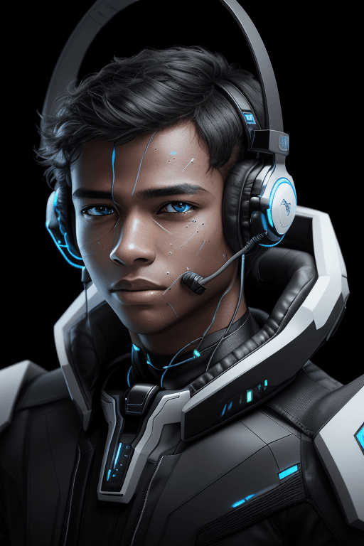 AI generated: An image of a clear young man, black background settings, futuristic headset, highly details  The fa...