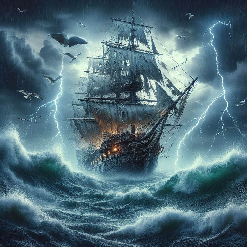 AI generated: flying dutchman in stormy sea
