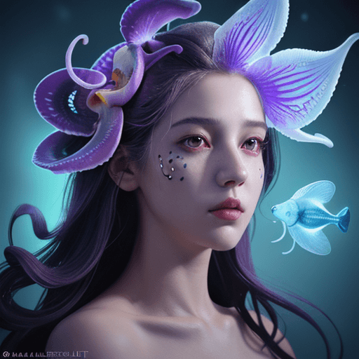 AI generated: Goddess close-up portrait ribcagel. jellyfish phoenix head, nautilus, orchid, skull, betta fish, bio...