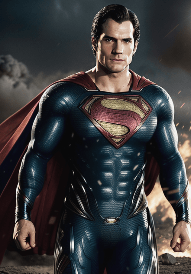 AI generated: a Henry Cavill ((in his Man of Steel Superman costume)) risen from the ashes, half body shot, sparks...