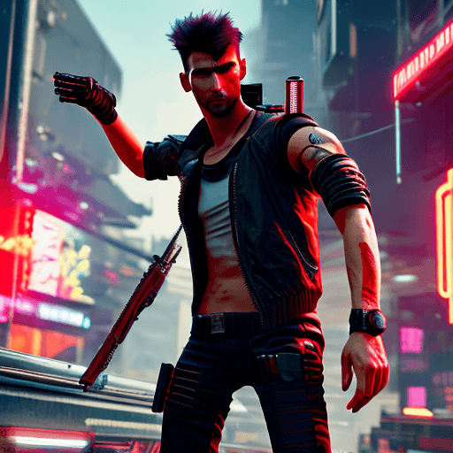 AI generated: a male protagonist of cyberpunk 2077 with a tuft, brown hair, red eyes, oily complexion, while killi...