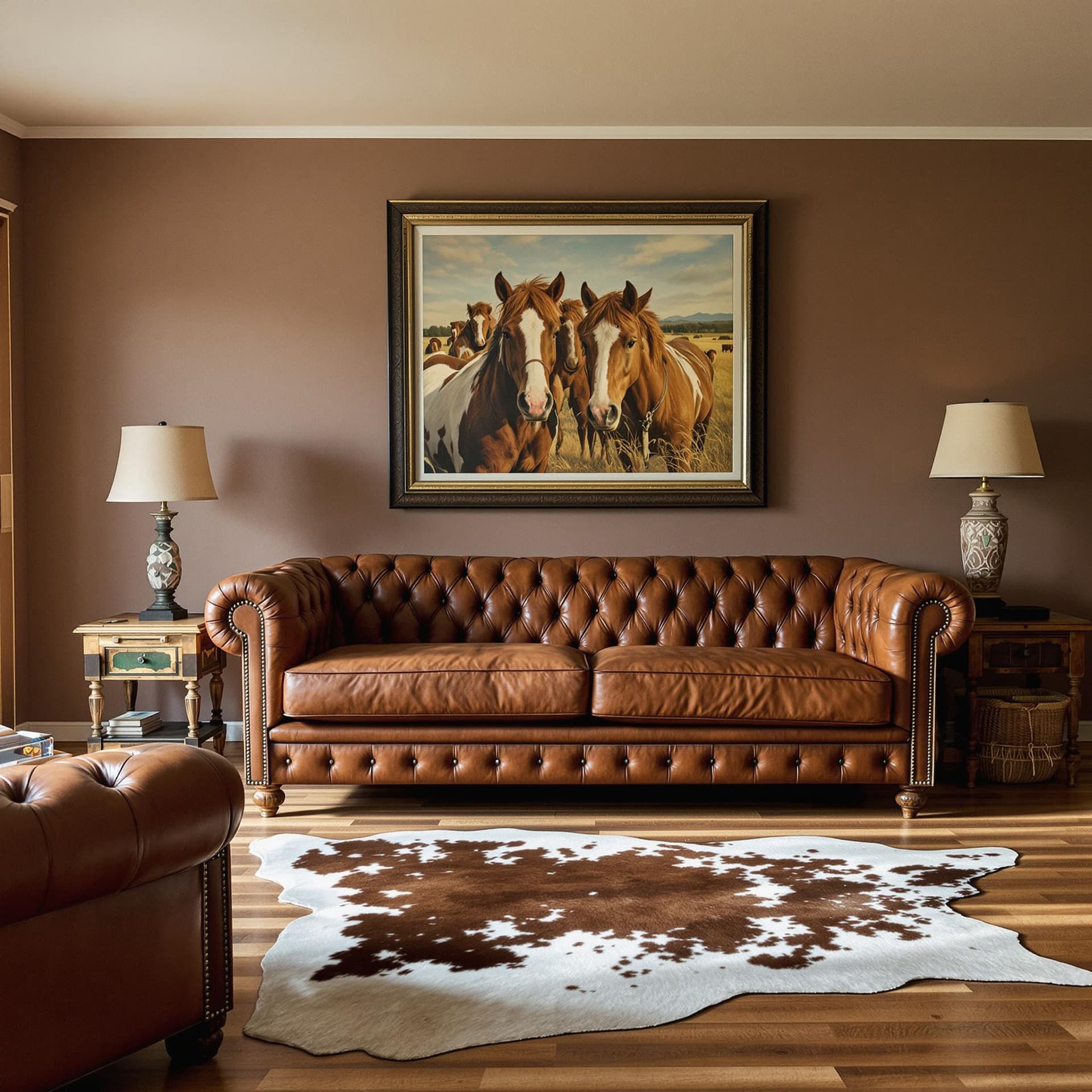 AI generated: photograph, comfy western ranch living room, morning, wood floor, cowhide rug, horses portrait, incl...