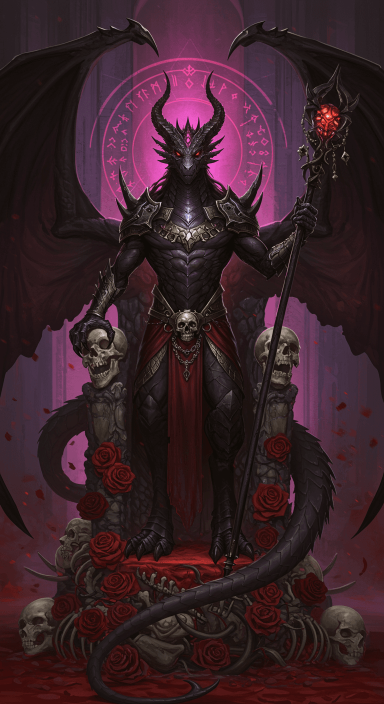 AI generated: demonic dragon lord with obsidian scales, standing atop a throne made of bones and blooming blood-re...
