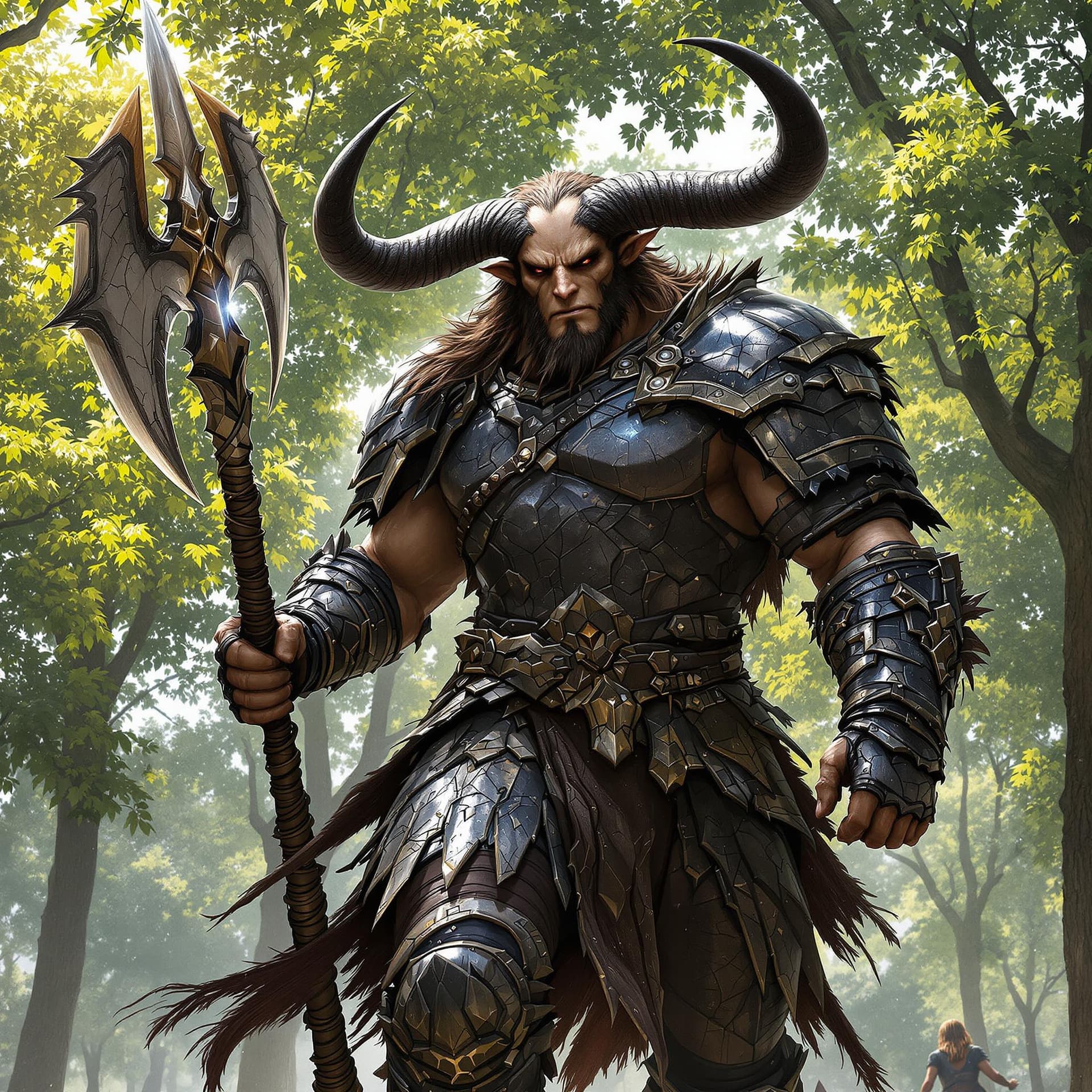 AI generated: A minotaur warrior, his face with humanoid features, dressed in battered black armor, walks imposing...