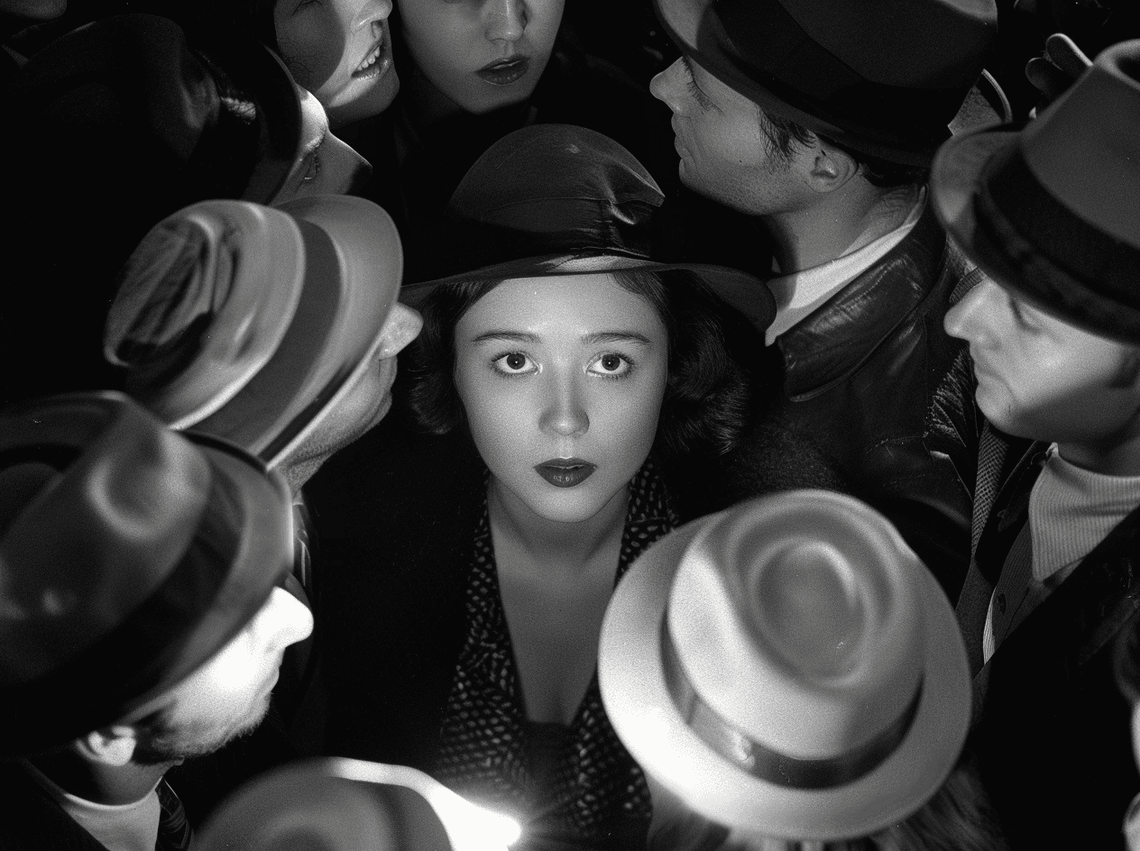AI generated: woman is surrounded by people in black and white photo, in the style of movie still, robert delaunay...