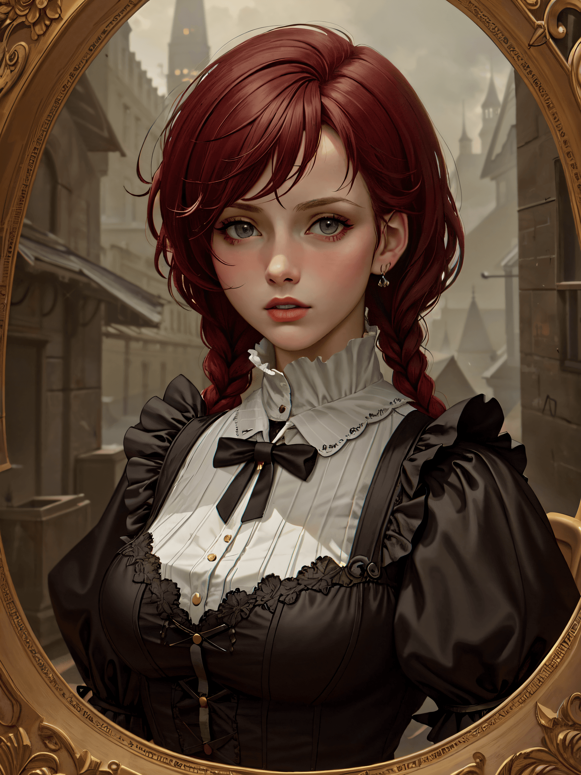 AI generated: style of Andreas Achenbach, official art, best quality, cute black-and-red haired goth girl, cute go...