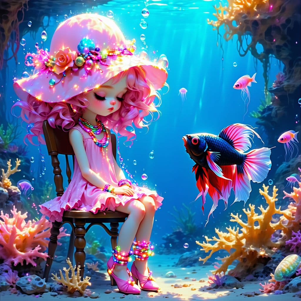 AI generated: :

Illustration in very bright colors, of a capricious and extravagant girl with curly, messy pink h...