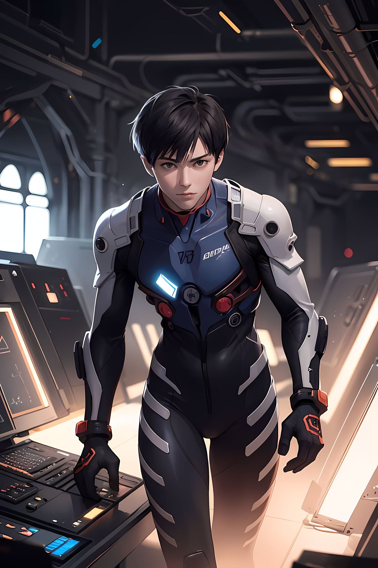 AI generated: ((Evangelion: Shinji Ikari),(a man:1.4),Plug Suit),Sprawling underground landscapes,A large circular...