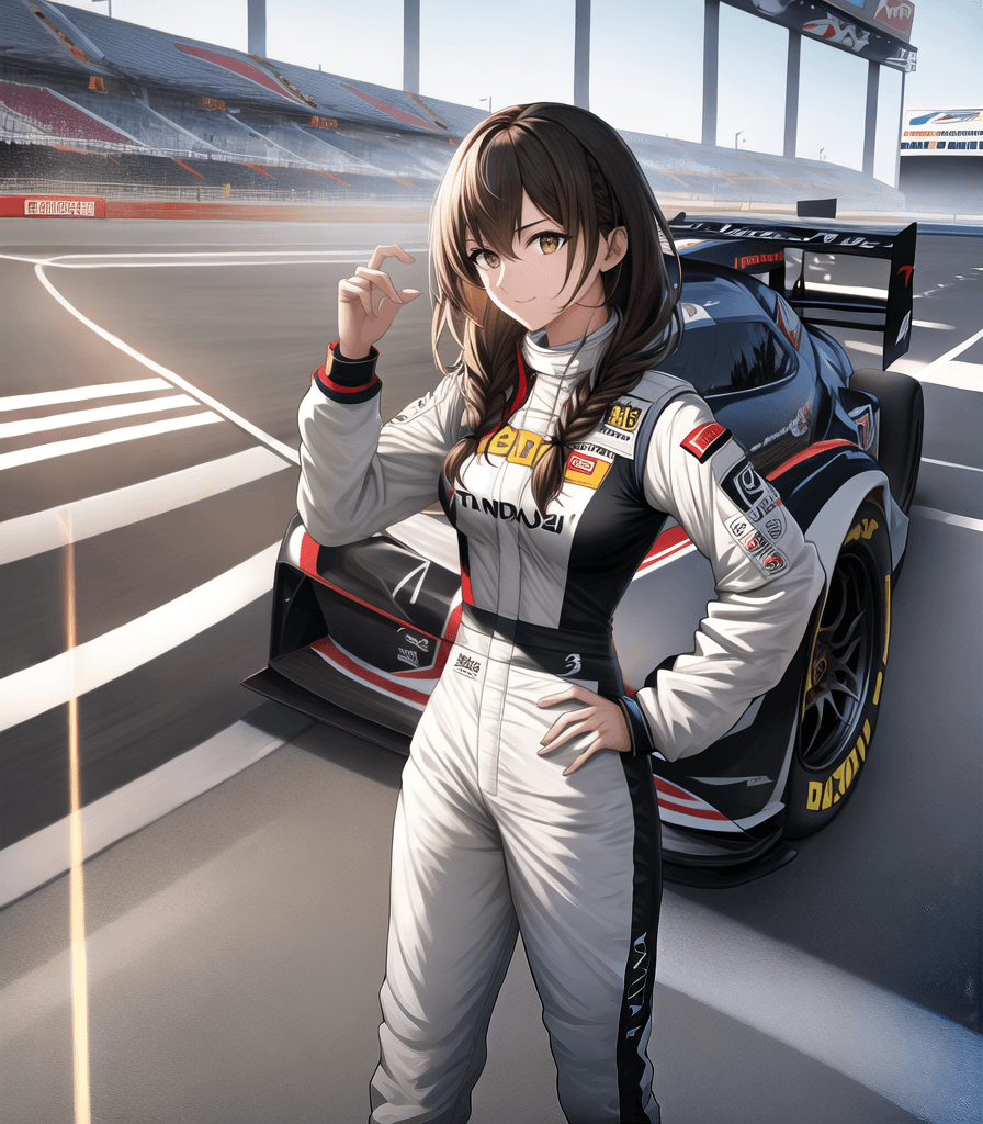 AI generated: perfect anime illustration, 1girl, braided hair, medium hair, medium breasts, sidehair, racecar driv...