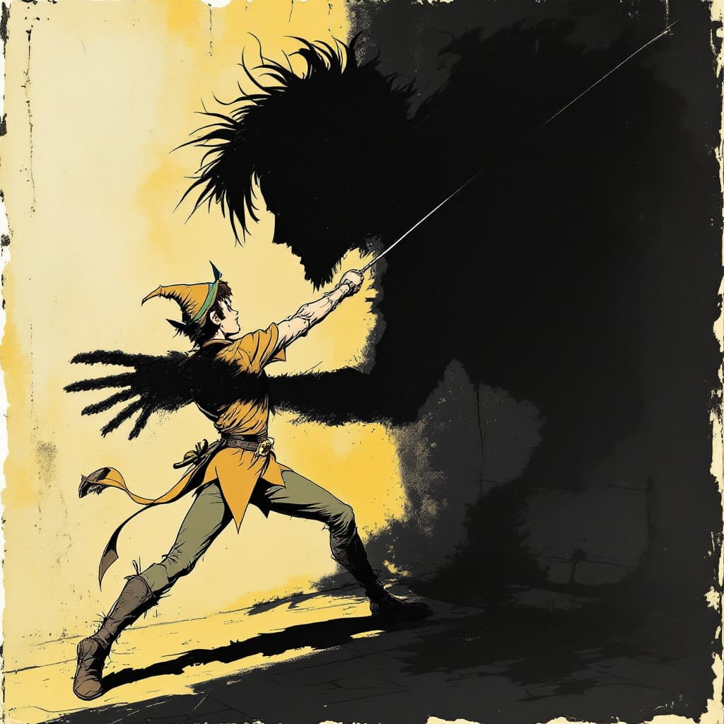 AI generated: Photorealistic comic book cover illustration, full body shot of peter pan fencing with his shadow ag...