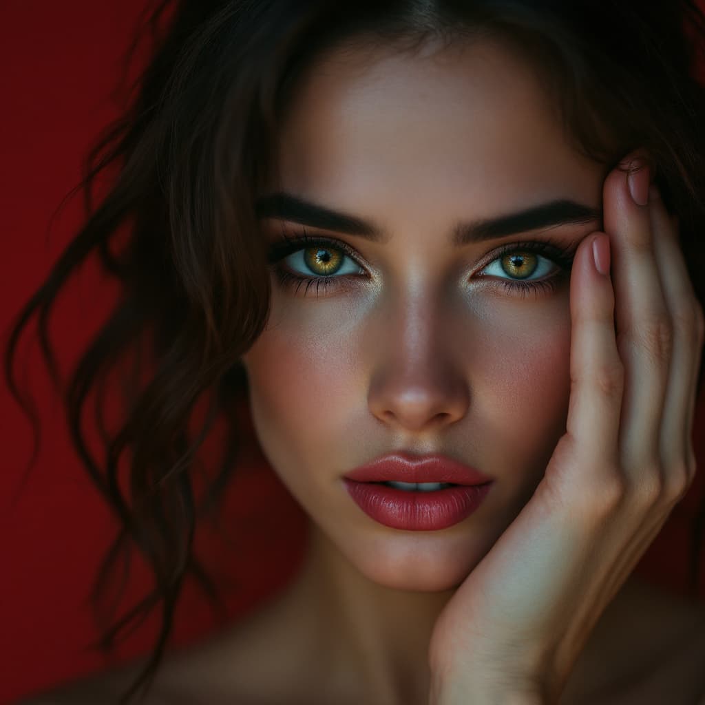 AI generated: image of a woman with a thoughtful expression, covering half of her face with her hand, pure red bac...