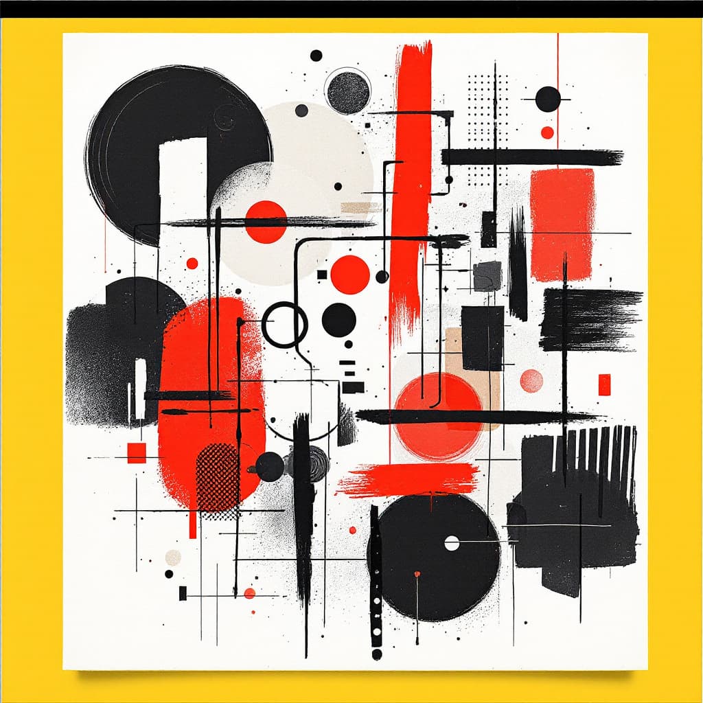 AI generated: A collage of various abstract shapes and lines, with red accents, on white paper, composition includ...