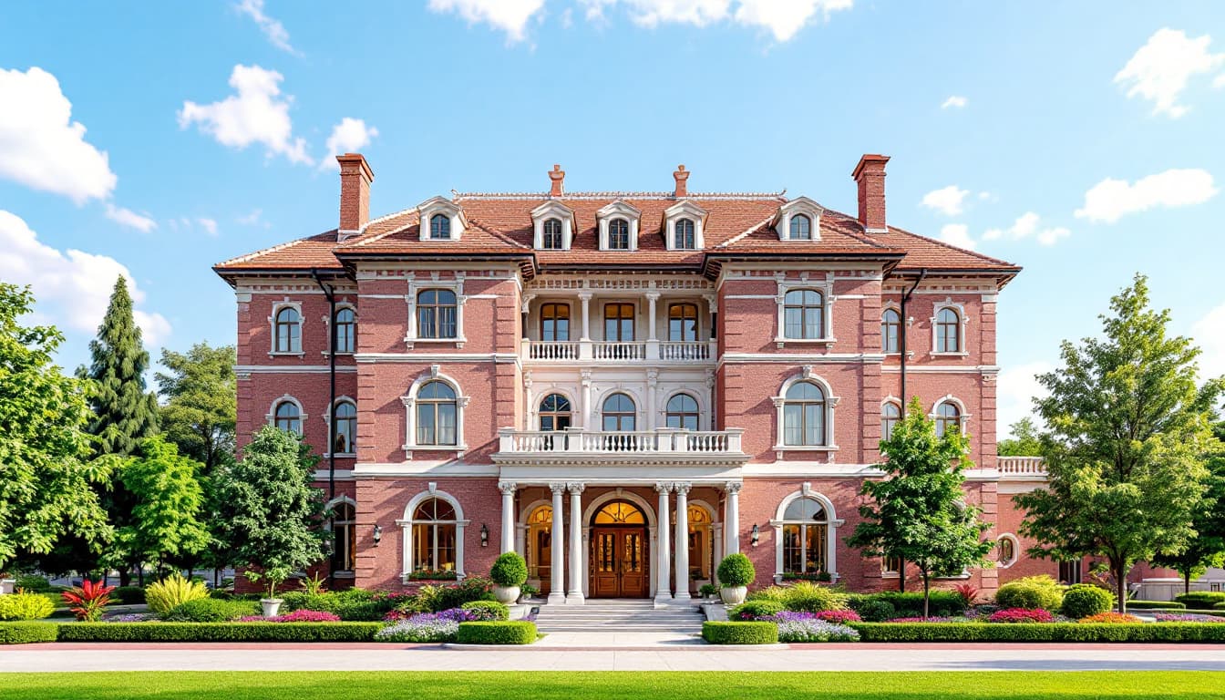 AI generated: (6-story:2.2) emphasize six floors, large building, pink exterior brick walls, bright beautiful arch...