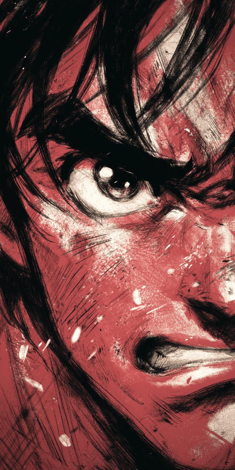 AI generated: manga panel intense, against a dark red background, in the style of Kentaro Miura and Yoji Shinkawa ...
