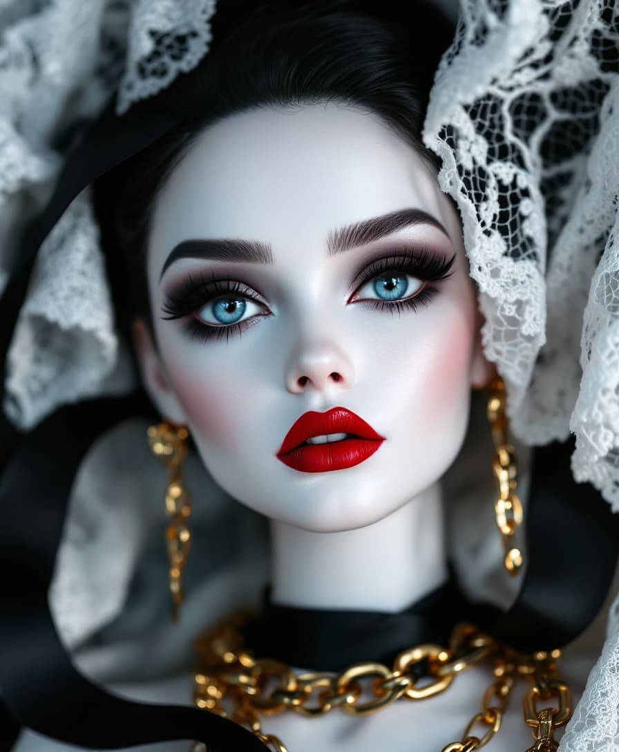 AI generated: Prompt

A close-up of an elegant white and black doll with red lipstick, gold chains around her neck...