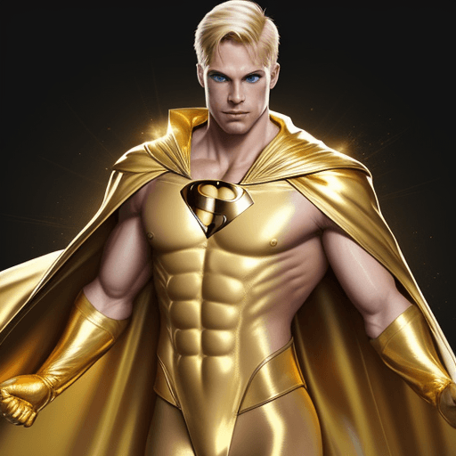 AI generated: male superhero named champion blond hair, no symbol, skin tight gold suit, gold cape, gold gloves
