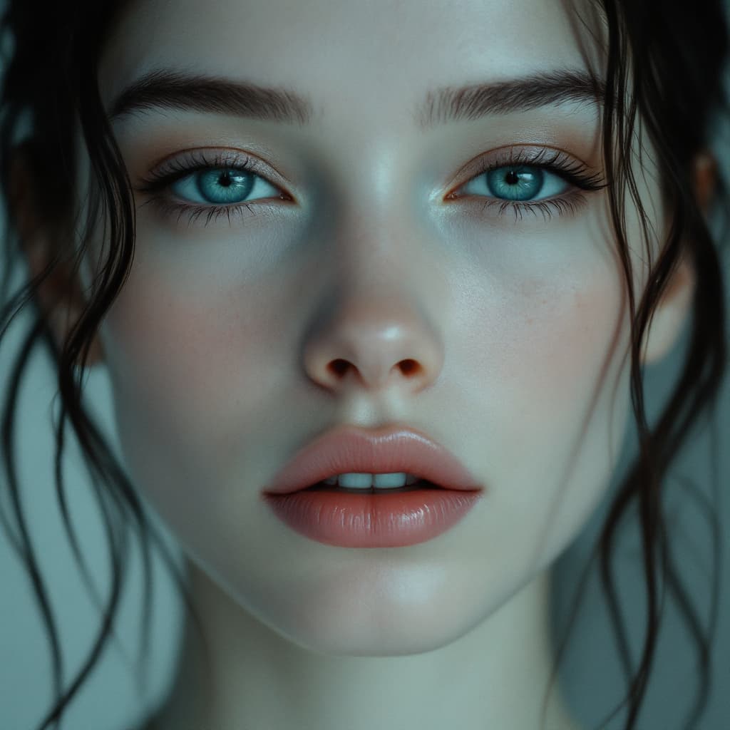 AI generated: a woman with a large jaw and shy smirk, in the style of futuristic minimalism, restrained forms, dar...