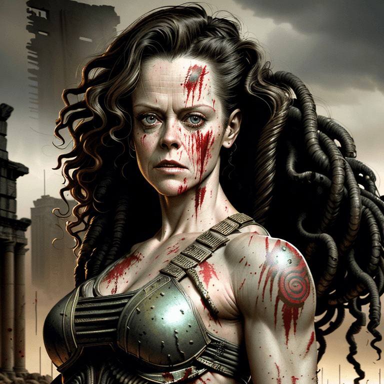 AI generated: portrait of beautiful slim Sigourney Weaver as a  post apocalyptic female warrior, strong, muscular,...