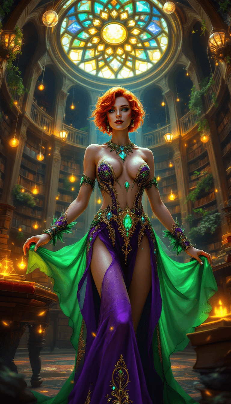 AI generated: A fiery-haired sorceress with short, wavy red-orange hair stands confidently in a grand, enchanted l...