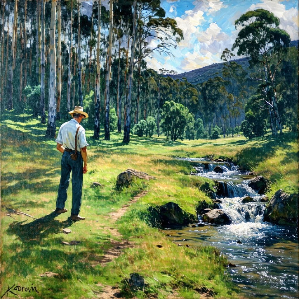 AI generated: Korovin landscape oil painting of  medow forrest creek eucalyptus man boy