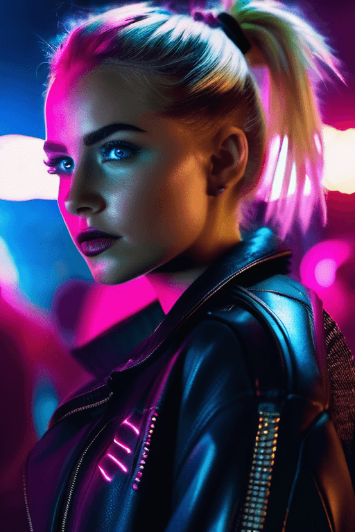 AI generated: closeup, teenage cyberpunk woman standing in a nightclub, blonde hair in a bun, looking scared and n...