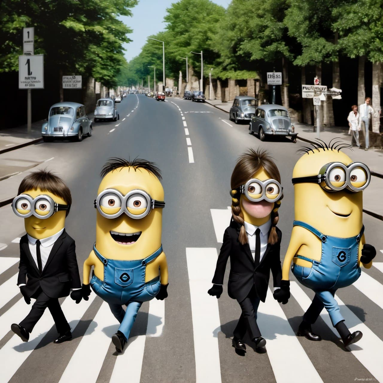 AI generated: (Four Minions:1.3), (Beatles impersonation:1.3), (same hairstyles and outfits:1.3), walking right on...