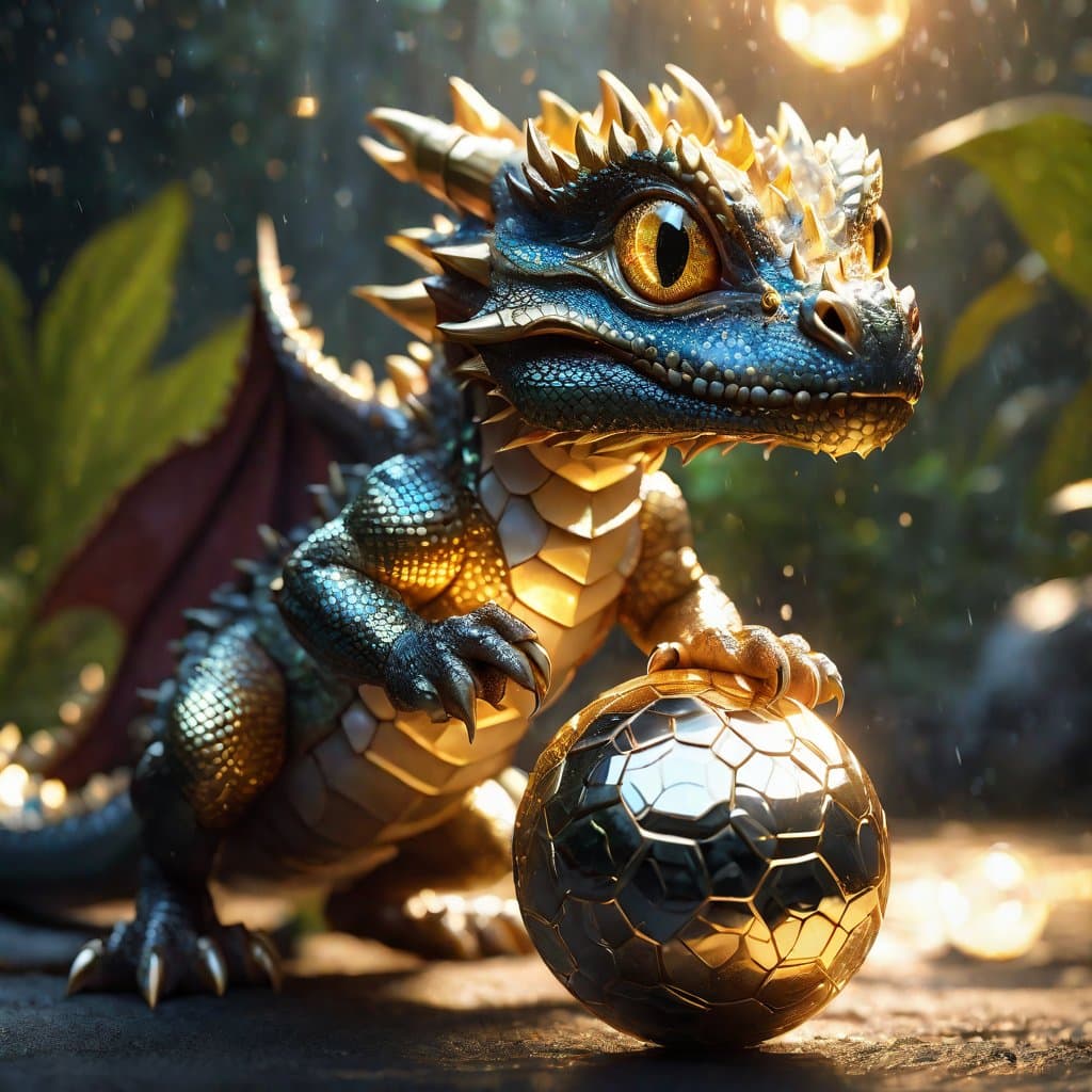 AI generated: a beautiful portrait of a majestic hatchling dragon playing with a ball, glowing gem, pure gold and ...
