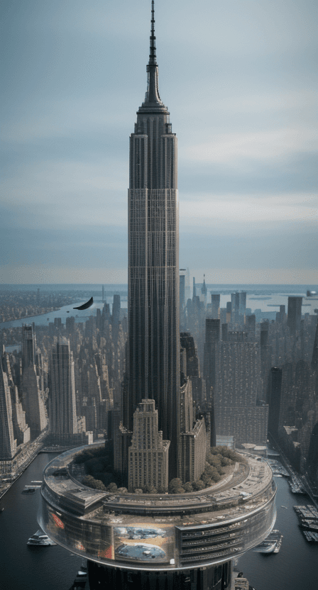 AI generated: aerial view of a giant fish tank shaped like a tower in the middle of new york city, 8k octane rende...