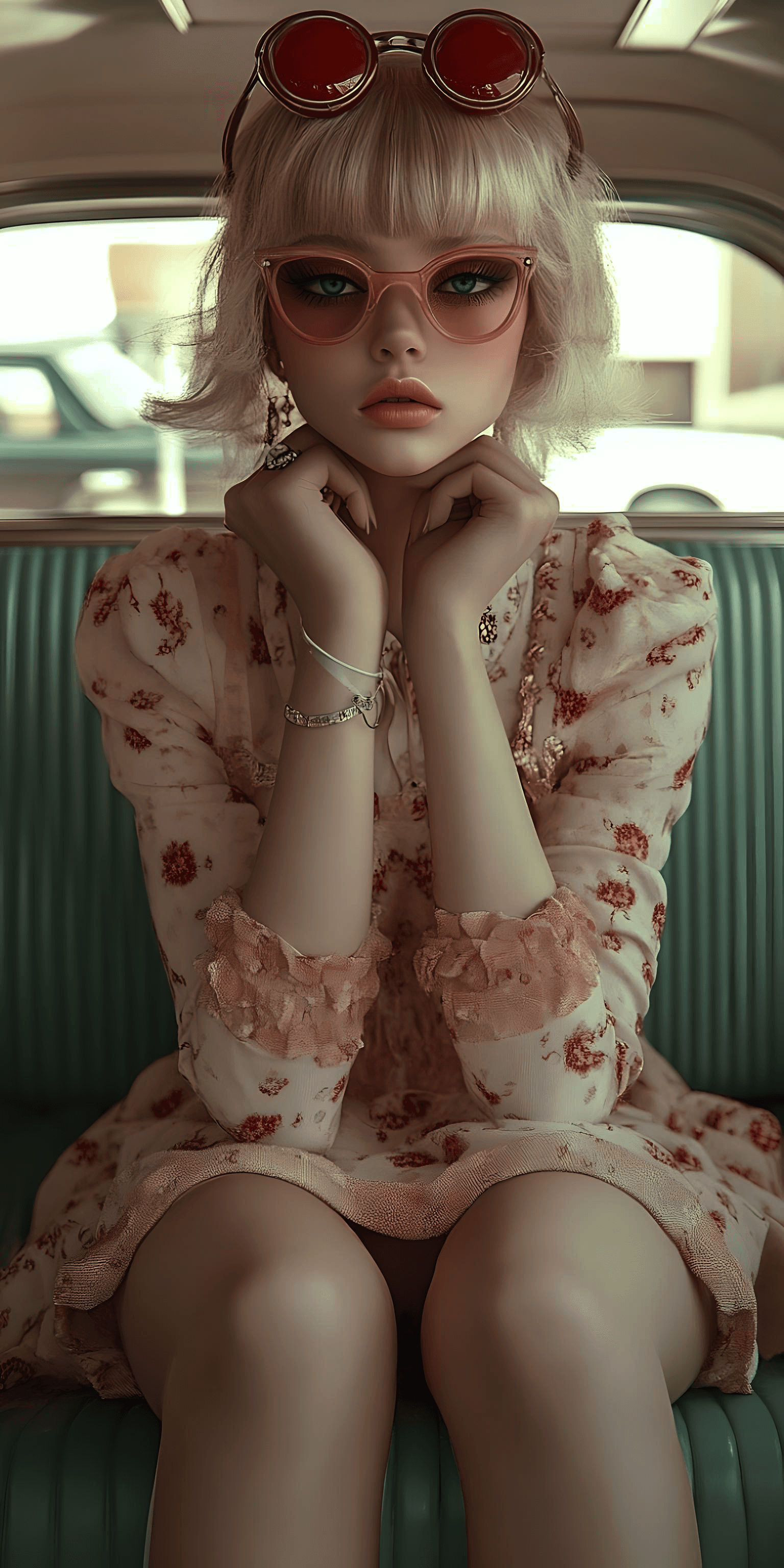 AI generated: A full-body shot of a cute girl with short white hair, wearing pink glasses and a floral dress, sitt...