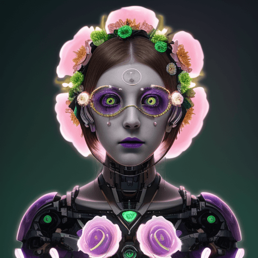 AI generated: ultra well detailed,  rose,   gold-tipped petals, green, purple, sapphire, woman's face, owl eyes, f...