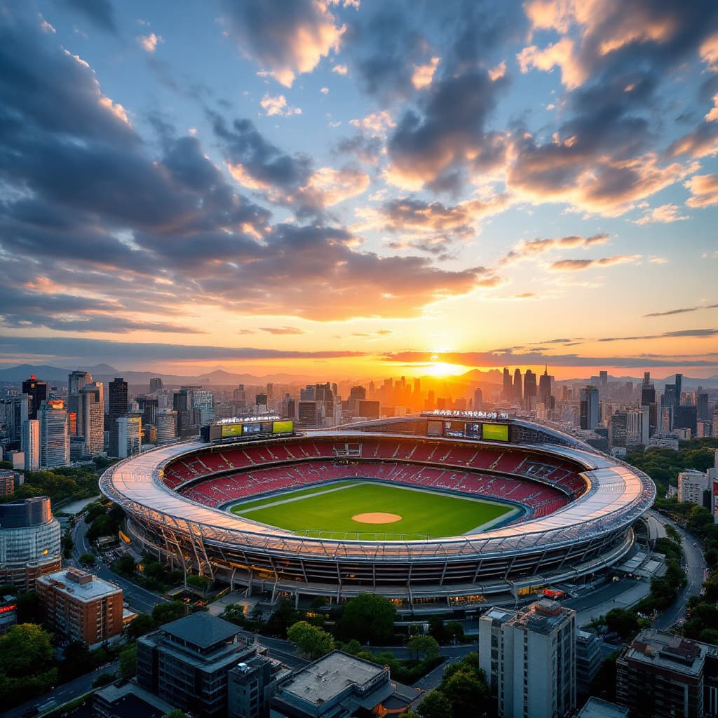 AI generated: Japanese style stadium in Tokyo, sunset