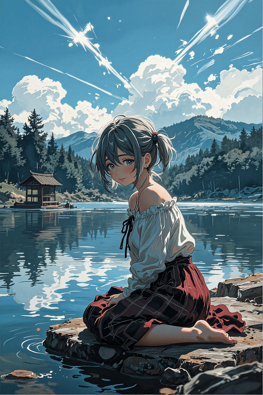 AI generated: A vertical masterpiece anime illustration of a beautiful Japanese girl with blue eyes kneeling baref...