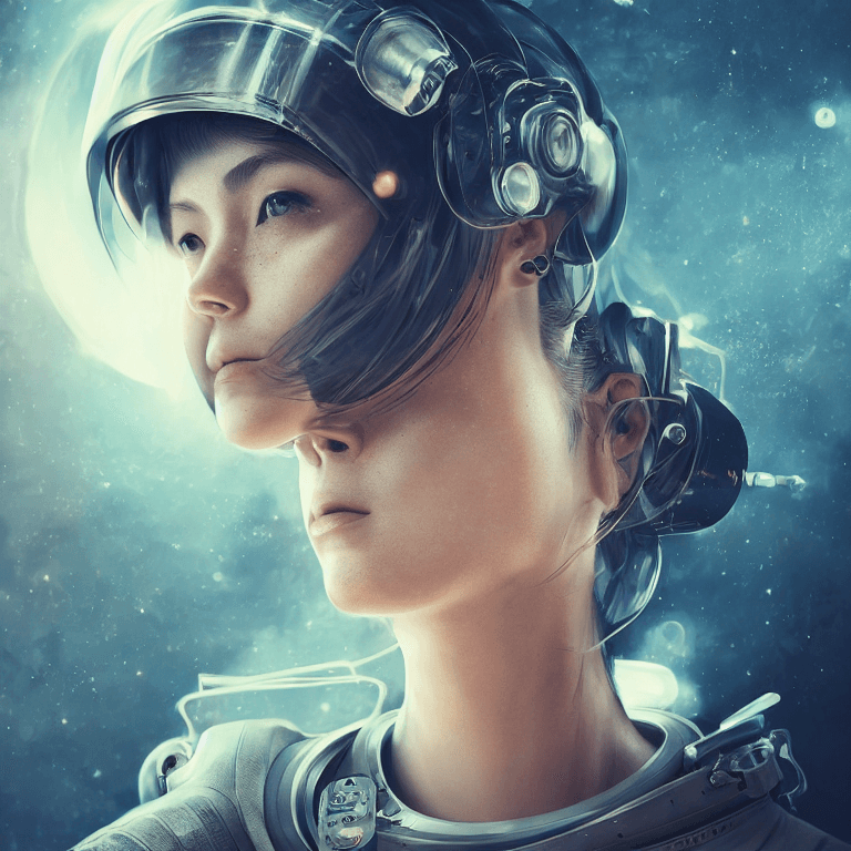 AI generated: hyperrealistic portrait of a woman astronaut, full body portrait, well lit,  intricate abstract. cyb...