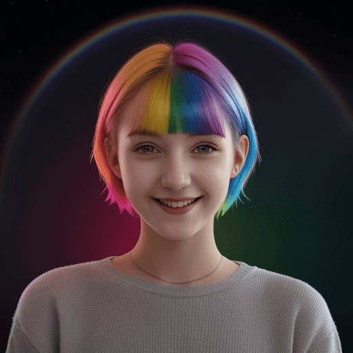 AI generated: young happy woman, rainbow short hair,  space, 8k, magic, 