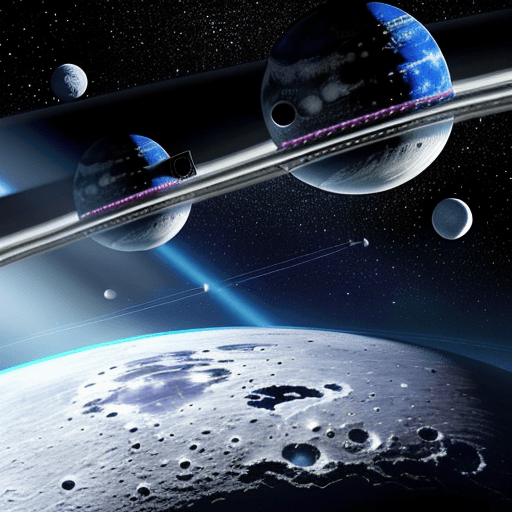 AI generated: Der Orbit der Erde zum Mond ist gesäumt von leuchtenden Raumstationen, die wie funkelnde Juwelen in ...