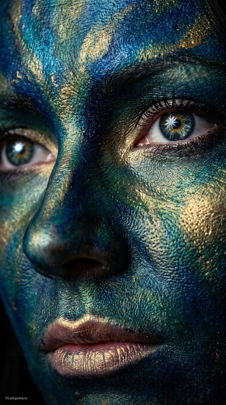 AI generated: Extreme close-up, subjucts 
 face, beauty editorial, cinematic realism, face paint, interesting eyes...