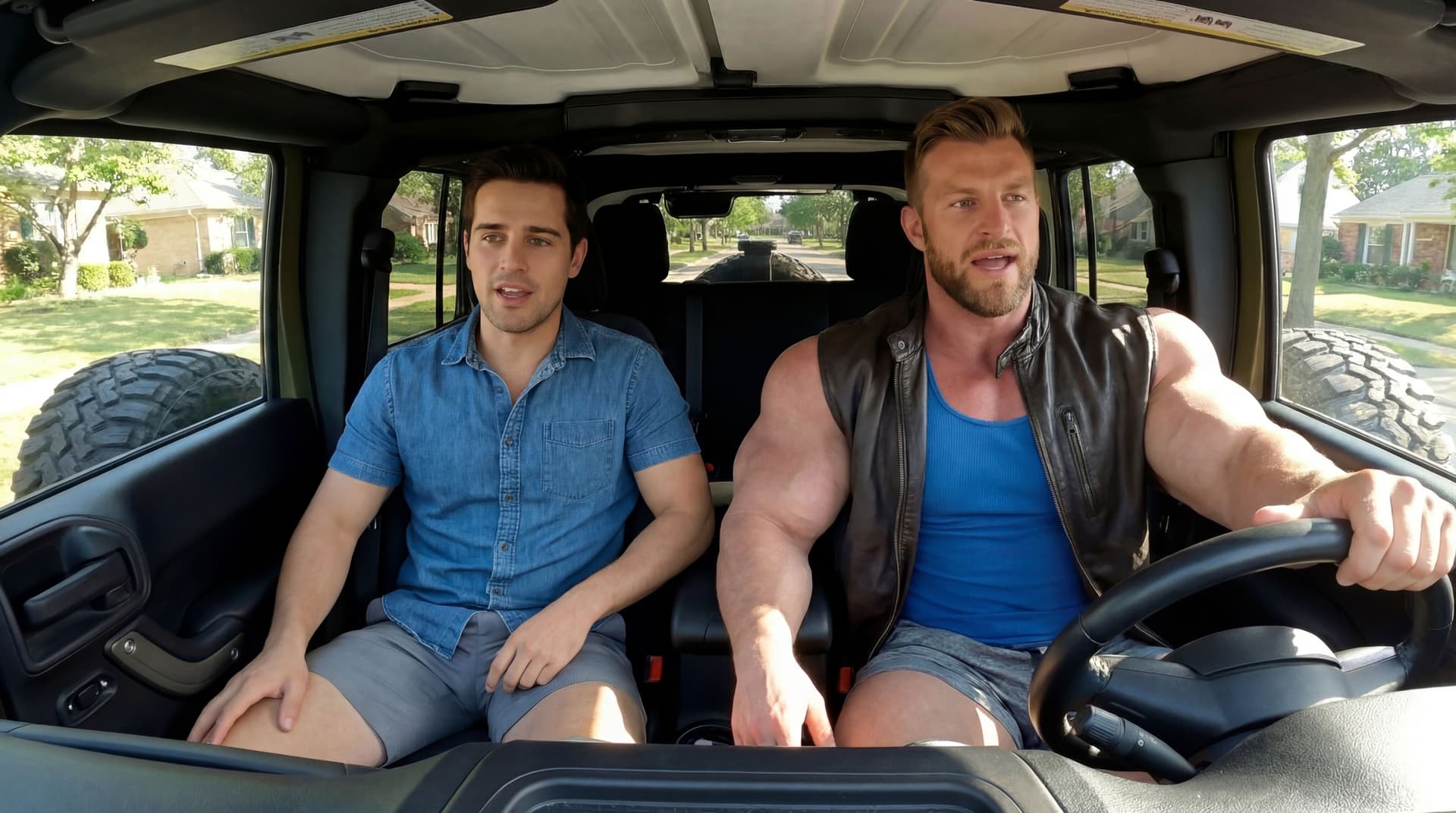 AI generated: The arms and the shoulders of the guy in the brown jacket are bigger. Keep the jacket on.
