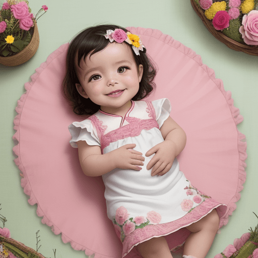 AI generated: Una bebé china, de 3 meses, sonriente, con un vestido rosado, en el pasto con muchas flores 