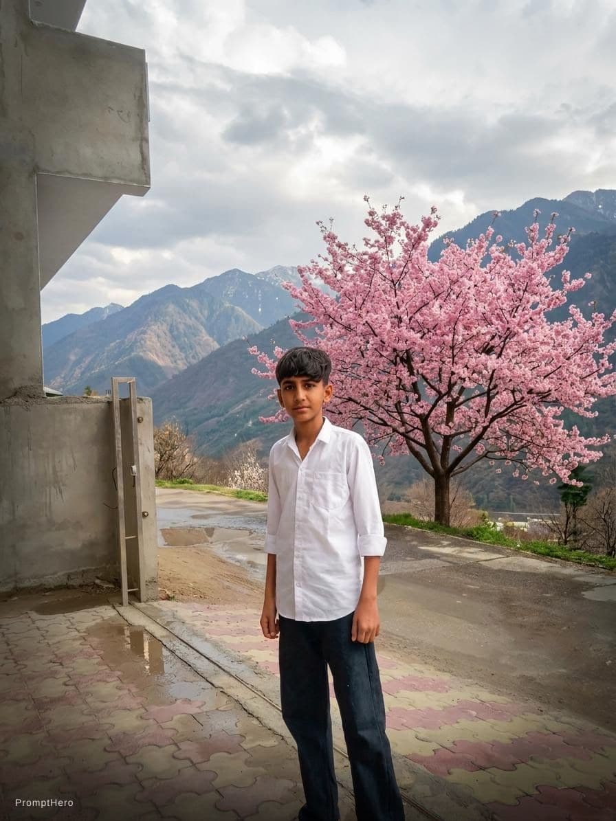 AI generated: change shirt into white and background into one pink tree and mountain
