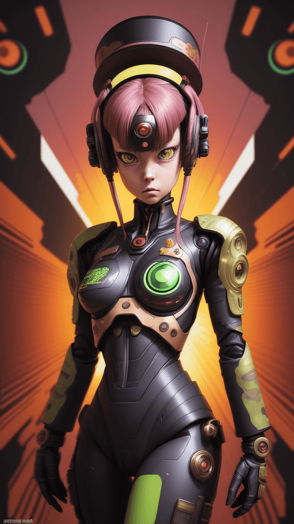 AI generated: in a funky background portrait of little Android woman. Prominent eyes, wearing complex army uniform...