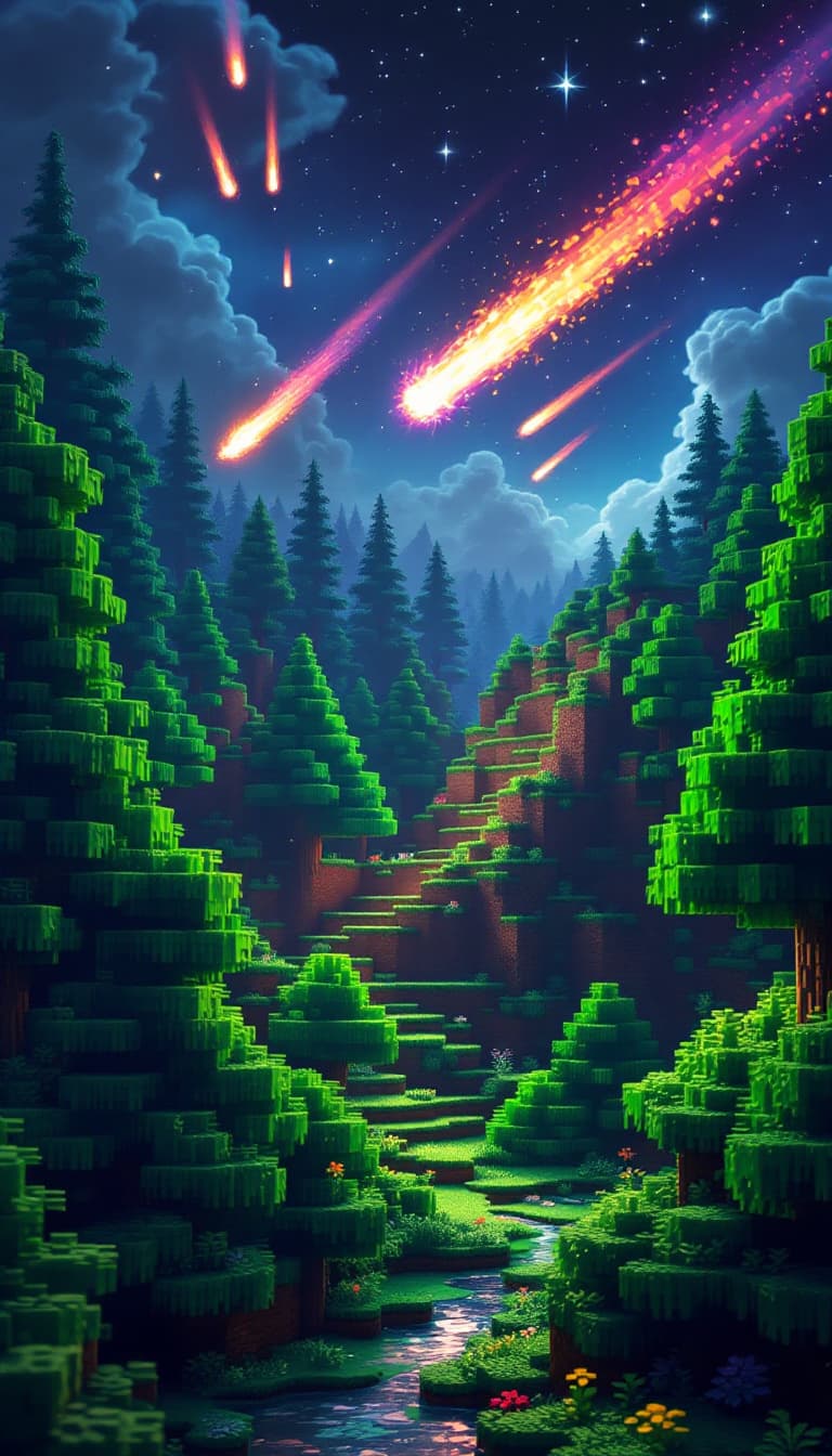AI generated: a minecraft world, minecraft trees, nightsky in the background, minecraft lego style, lots of trees ...