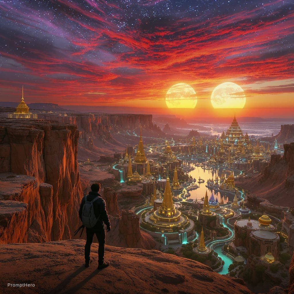 AI generated: The ultimate reveal shot. A lone figure stands at the very edge of a dramatic sandstone cliff, back ...