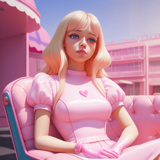 AI generated: blond woman sitting on a pink chair in a pink ice cream parlor, sydney sweeney, official artwork, po...
