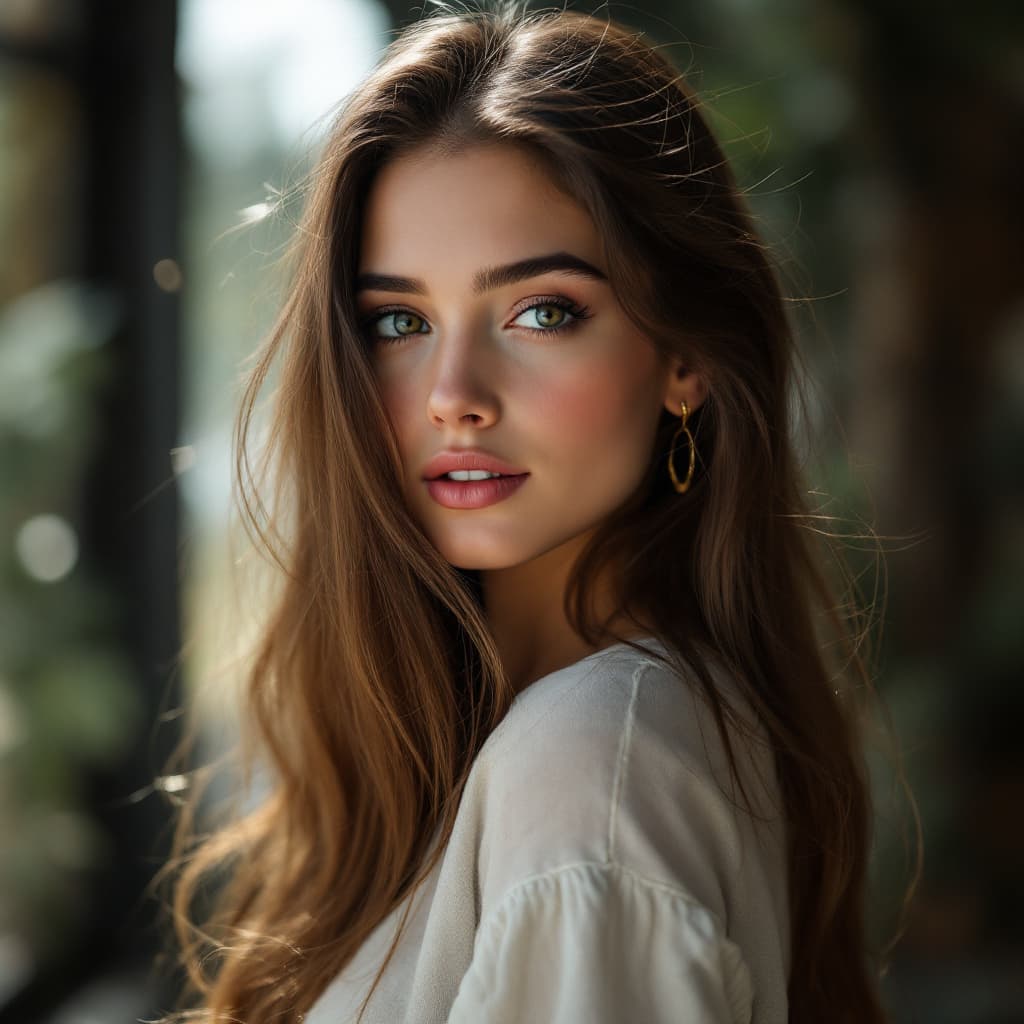 AI generated: photo showing a girl model, long brown hair, 300 mm f/5. 8, optical, natural light, soft focus