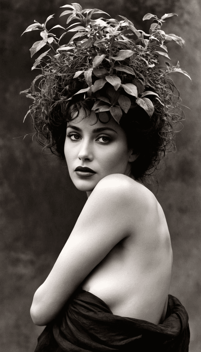 AI generated: black and white photography, fashion editorial, a conceptual illustration of woman as mother of natu...