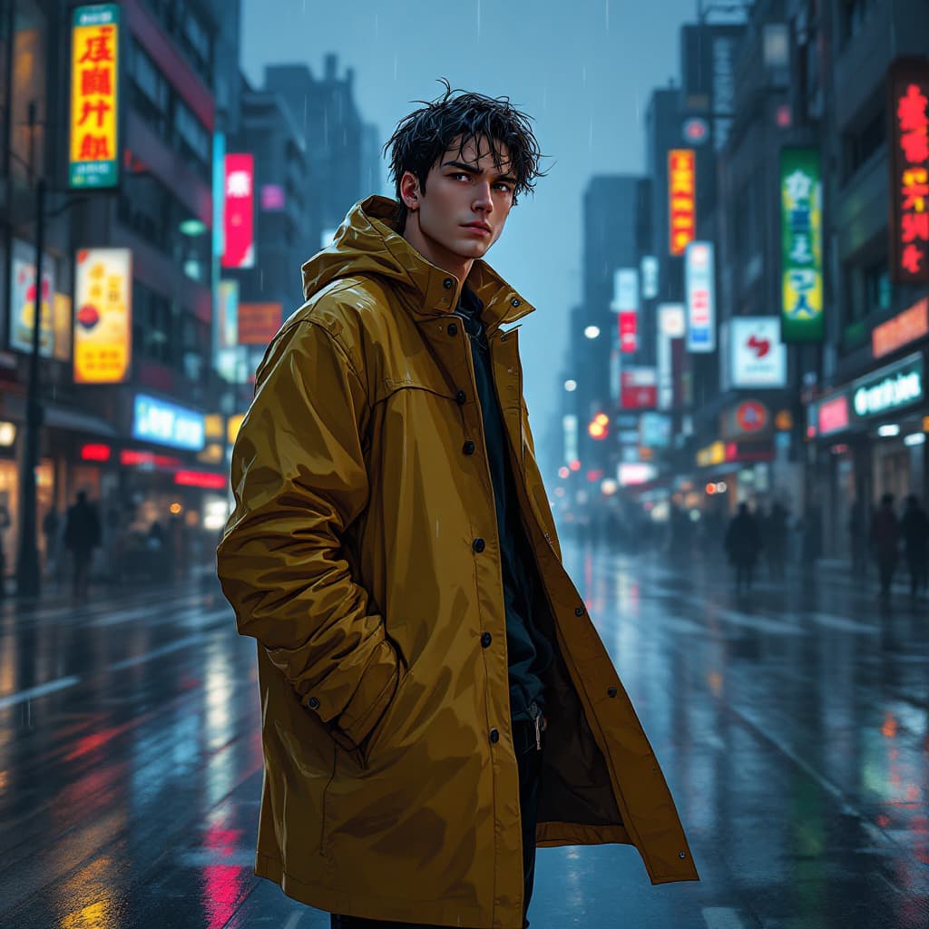 AI generated: a man in a raincoat standing on a city street in anime style| detailed symmetric features| anime cyb...