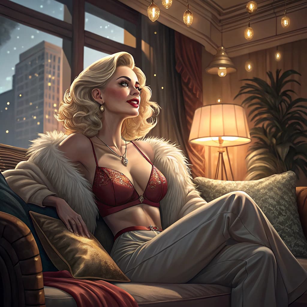 AI generated: A blonde bombshell mom, she wears revealing clothes, she is in a cozy warm penthouse sitting on the ...