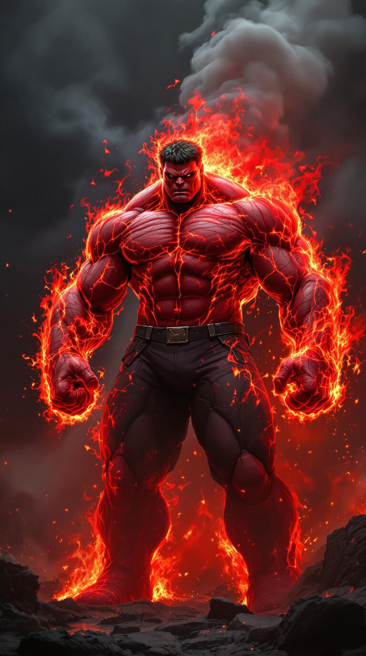 AI generated: Red Fire smoke, Red hulk, muscular body, giant size, 4k,