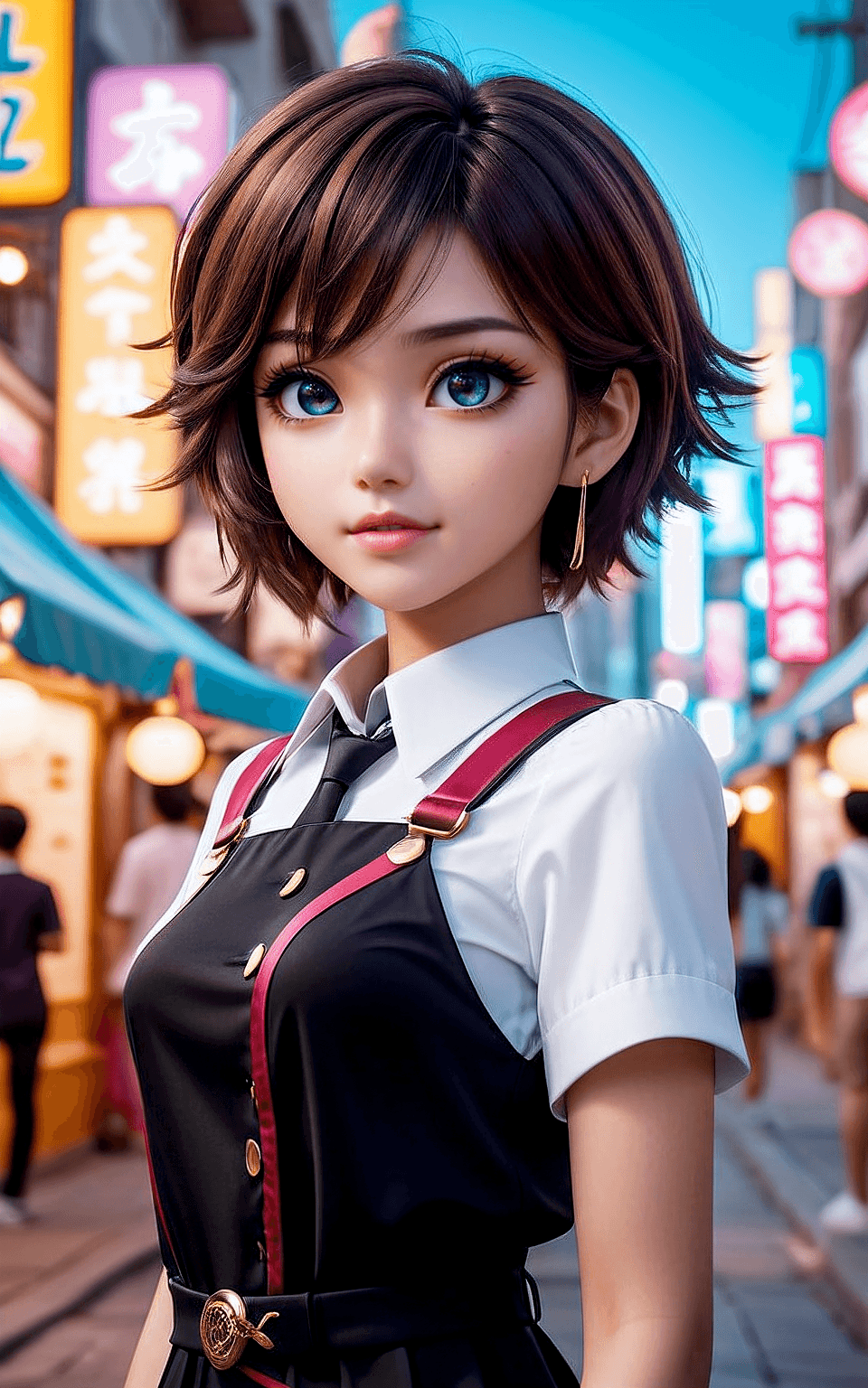 AI generated: Anime-inspired charming girl in a vibrant cityscape, vivid colors, anime aesthetic, expressive eyes,...